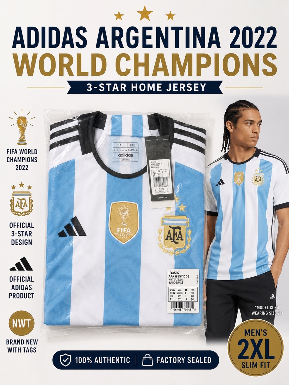 NWT Adidas Argentina 2022 World Cup Winners 3-Star Home Jersey Men’s 2XL IB3597